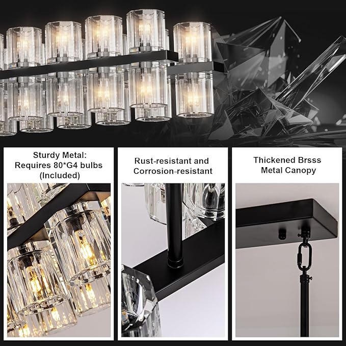 Crystal Black Rectangular Chandelier Light Fixture,72 in Large Dining Room Chandelier Over Table,Modern Chandeliers for Living Room,Arcachon Chandeliers,Kitchen Island,Includes 80xG4 Bulbs