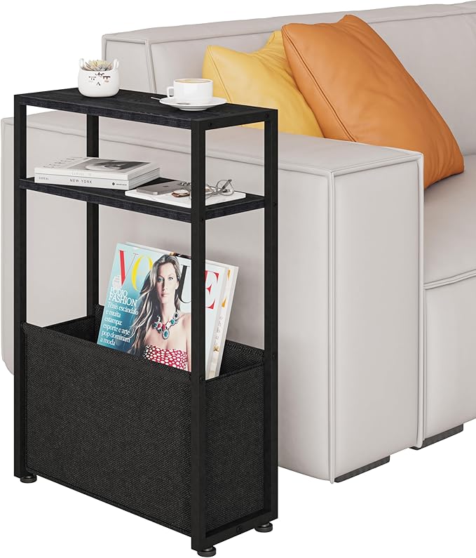 Black Side Table, Slim Side Table with Magazine Rack, Bathroom Table for Small Spaces, Narrow Bedside Table for Living Room, Bedroom
