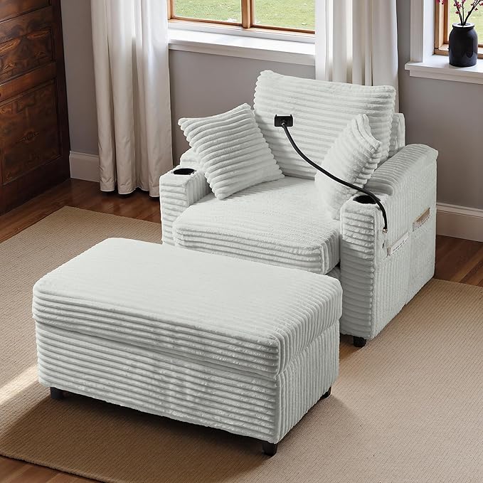 Accent Chair with Storage Ottoman Upholstered Living Room Chairs for Reading Chair with Chaise Lounge Chairs Indoor, Comfortable Armchair for Bedroom