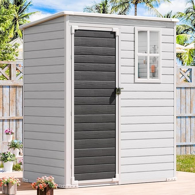 Outdoor Resin Storage Shed with Floor Included 5x3 FT, Waterproof Outside Sheds with Window Lockable Door, Plastic Sheds for Backyard Garden Patio Lawn Tools, Gray