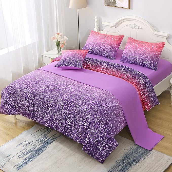JQinHome Pink Purple Comforter Set Full/Queen Size, 6 Piece Bed in A Bag 3D Colorful Bedding Set for Girls Women (1 Comforter,2 Pillowcases,1 Flat Sheet,1 Fitted Sheet,1 Cushion Cover)