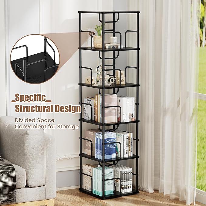 5 Tier Square Rotating Bookshelf, 360 ° Display Stackable Spinning Bookshelf Tower, Space Saving Tall Floor Standing Swivel Bookcase Corner Storage Organizer for Bedroom, Living Room, Black