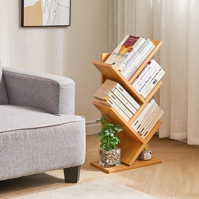 YMYNY 4 Tier Tree Bookshelf, Small Bookcase, Modern Wood Book Storage Rack, Freestanding Book shelf for Books/Movies/CDs, Narrow Display Rack for Living Room, Home Office, Natural UHBC014N