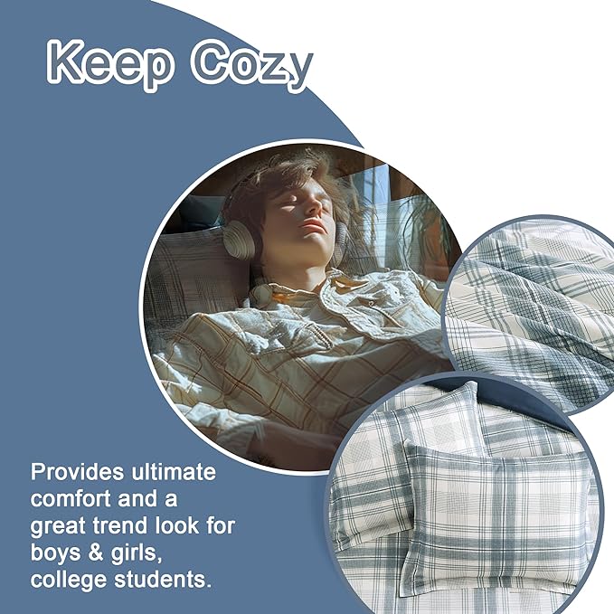 Blue Comforters Queen Size, Plaid Queen Bed Set for Boys & Girls,Classic Homestead-style Queen Size Comforter Sets with Sheets and Comforter Set
