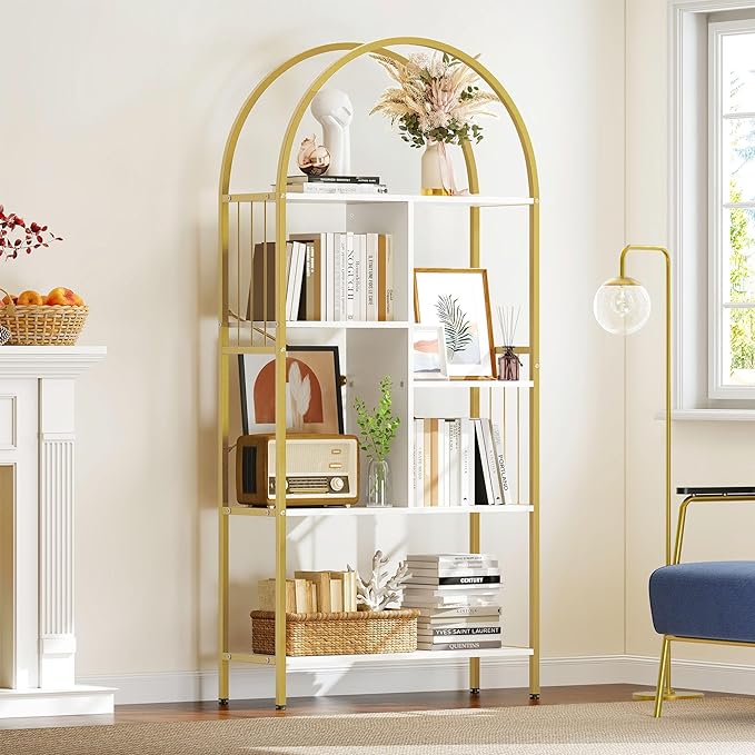 YITAHOME Gold Arched Bookshelf and Bookcase, 5 Tier Standing Book Shelf, Storage Display Rack Shelves for Bedroom Living Room Office,White&Gold