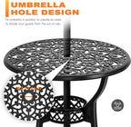 NUU GARDEN 3 Piece Outdoor Bistro Set All Weather Cast Aluminum Patio Set Bistro Table Set Rustproof Patio Table and Chairs with Umbrella Hole for Backyard, Balcony, Front Porch, Black