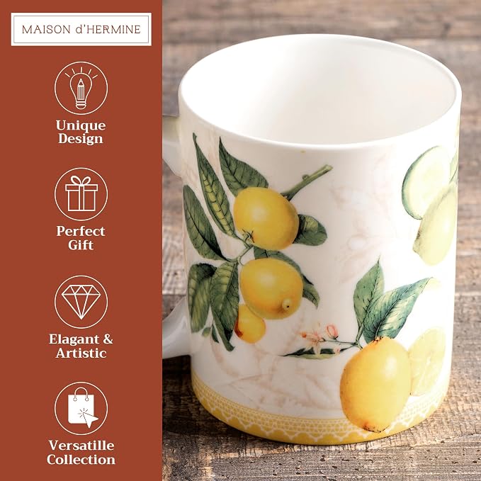 Maison d' Hermine Coffee Mug with Handles Tea Cups (15 Ounce, Pack of 1) | Fine Bone China Coffee Mugs for Hot Beverages Cappuccino Latte Home Restaurant Hotel Spring Summer -Limoncello - Verna