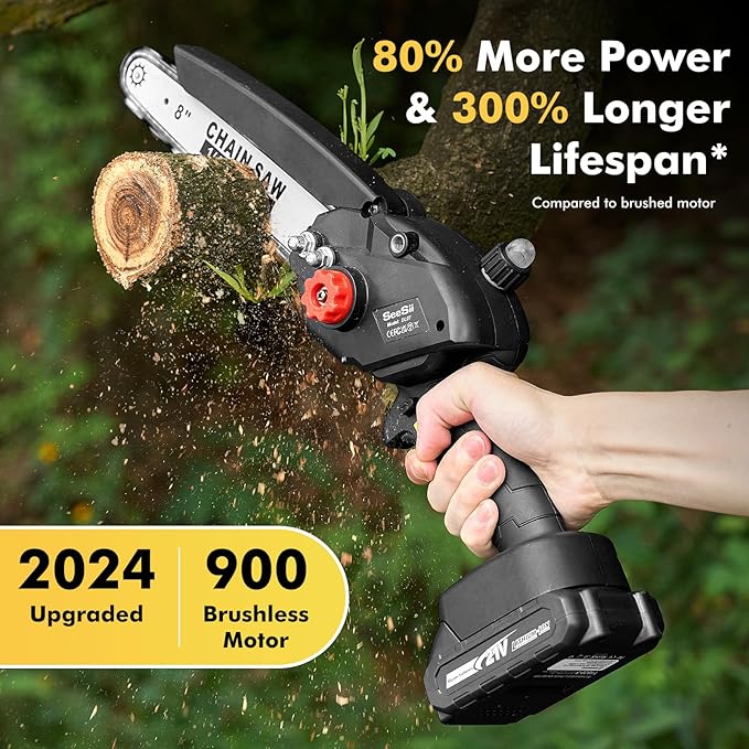 Mini Chainsaw Cordless 8 inch: Electric Chainsaw Battery Powered, Brushless Chain Saw with Auto Oiler, 2pcs Battery, Handheld Saw for Tree Branch Wood Cutting,Gardening Tools for Men Dad Husband