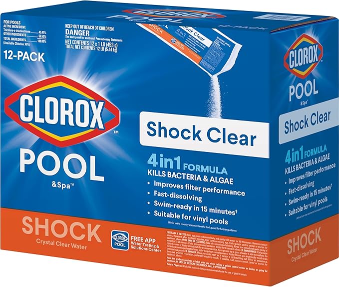 Clorox® Pool&Spa™ Shock Clear, for Crystal Clear Swimming Pool Water, Swim-ready in 15 minutes, Suitable for vinyl pools (12-Pack)