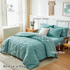 6 Pieces Tufted Bed in a Bag Twin Comforter Set with Sheets Green, Soft and Embroidery Shabby Chic Boho Bohemian Design, Luxury Solid Color with Diamond Pattern, Jacquard Tufts Bedding Set for Kids
