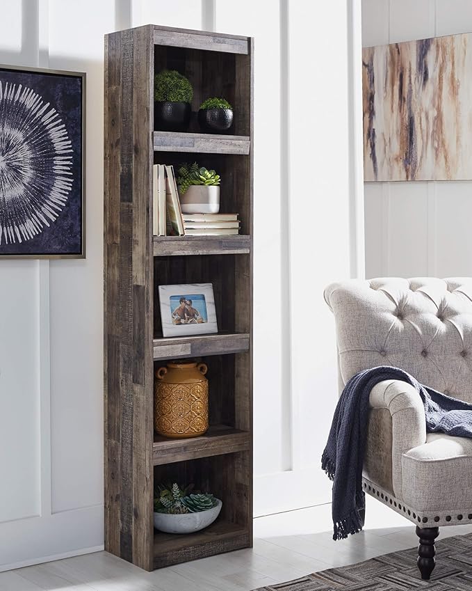 Signature Design by Ashley Derekson Rustic Pine Grain Finished Pier with 3 Adjustable Shelves, Multi Dark Gray