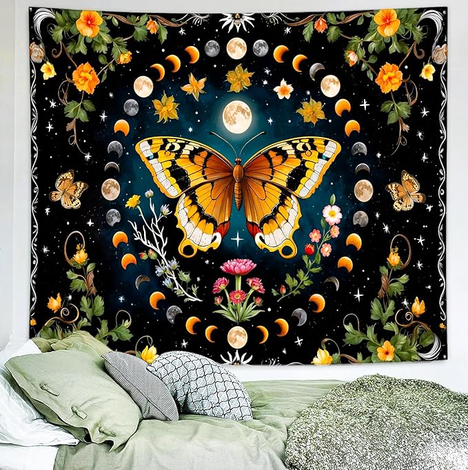 Delur Butterfly Moon Flower Tapestry Botanical Floral Plant Boho Tapestry Wall Hanging Mandala Aesthetic Mushroom Retro Vintage Headboard for Bedroom Living Room Home Decor (59.1" x 78.7")