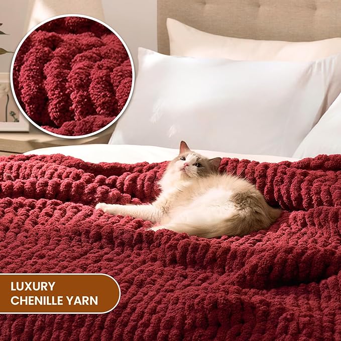L'AGRATY Chunky Knit Blanket Throw: 50''x60'' Chenille Chunky Knitted Throw Blankets for Bed Couch - Handmade Thick Cable Knit Blanket - Large Crochet Rope Blankets for Home Decor(Maroon Red)