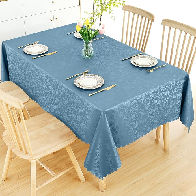 Smiry Rectangle Waterproof Heavy Duty Vinyl Tablecloths, 70 x 108 Inch | Wipeable Washable Floral Embossed Table Cover for Kitchen and Dining Room, Indoor & Outdoor Use, Stone Blue