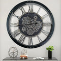 30 Inch Industrial Steampunk Wall Clock, Oversized Solid Wood Frame, Battery Operated, Large Wall Clock with Real Rotating Gears, Black