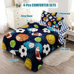 Kids Boys Comforter Set Twin Bed in a Bag w/Sheet Sets, Blue Twin Bedding Sets for Teens Soccer Basketball Baseball Football Sports Themed Bedroom Decor Reversible Design