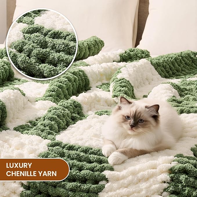 L'AGRATY Chunky Knit Blanket Throw: 50''x60'' Chenille Chunky Knitted Throw Blankets for Bed Couch - Handmade Thick Cable Knit Blanket - Large Crochet Rope Blankets for Home Decor(Green Checkered)