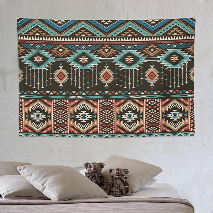 HZOHNAGO Aztec Tapestry Turquoise Blue and Brown and Native American Tribal Pattern Printed Wall Tapestry Wall Hanging for Bedroom Living Room Dorm 90" W x 60" H