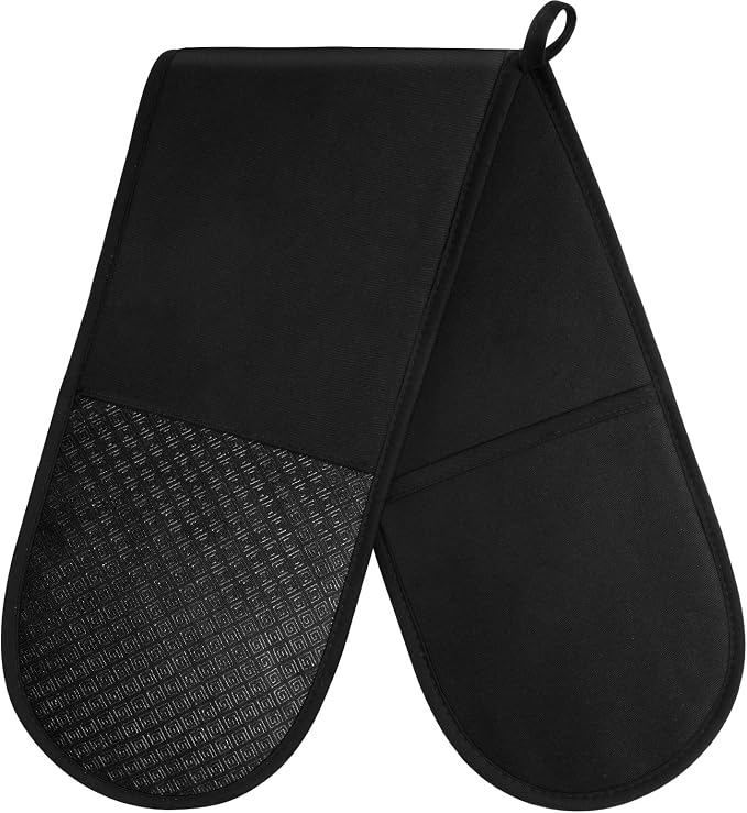 AUAUY Black Double Oven Mitts, 250°C/482°F Heat Resistant BBQ Mittens with Ropes, Silicone Non-Slip Design Kitchen Mittens, Cooking Glove Top Kitchen Gadgets for Cooking Baking Grilling