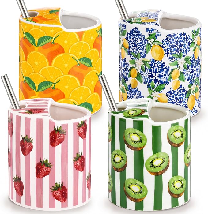 4 Pack Fruit Ceramic Coffee Mug with Sip Hole 10 Oz Espresso Cup with Straws Retro Hand Painted Fruit Porcelain Coffee Tea Cup Cappuccino Latte Mug for Kitchen Dining Travel