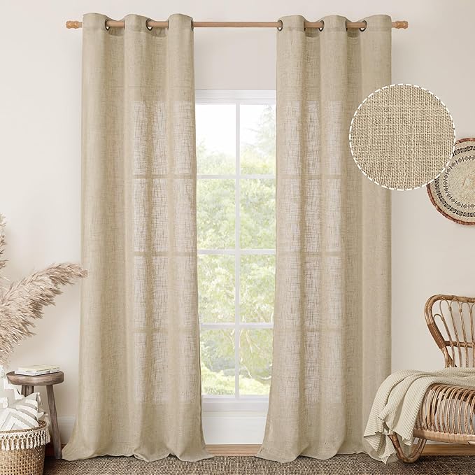 LAMIT Linen Blended Curtains for Bedroom, Linen Textured Light Filtering Drapes Bronze Grommet Boho Burlap Panels for Farmhouse/Living Room, 2 Panels, 38 x 84 Inch, Brown
