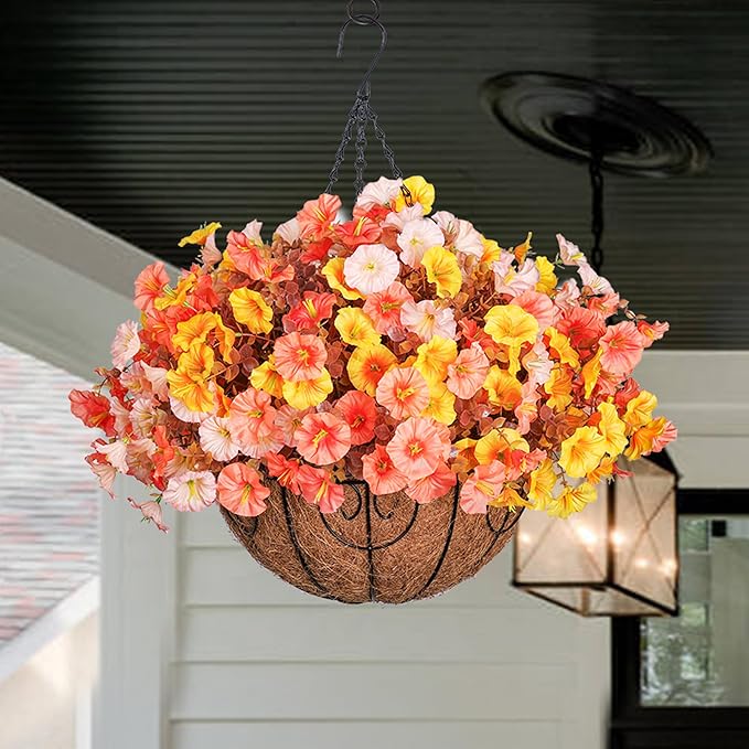 Artificial Fall Flowers Fake Hanging Plants Flowers Basket for Outdoors Autumn Decoration, Silk Morning Glory with Eucalyptus Look Real UV Resistant Faux Flowers for Outside Porch Patio Balcony, Mix