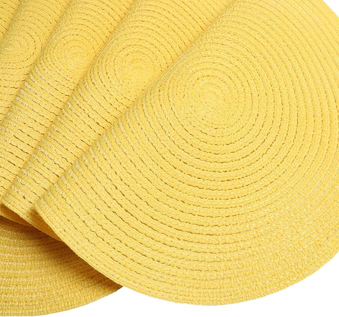 SHACOS Round Braided Placemats Set of 8 Washable Table Mats 15 inch Round Placemat Cotton Polyester Circle Placemat for Dining Table (Yellow, 8)