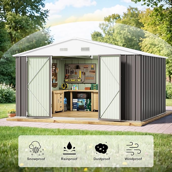 JUMMICO 8 x 10 FT Outdoor Storage Shed, Large Metal Garden Shed & Tool Sheds for Backyard Garden Patio Lawn (Grey)
