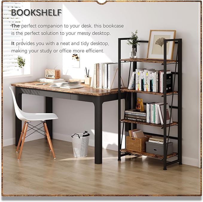 4NM No-Assembly Folding Bookshelf Storage Shelves 4 Tiers Vintage Bookcase Standing Racks Study Organizer Home Office (Rustic Brown and Black)