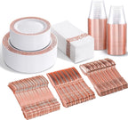 bUCLA 350PCS Rose Gold Plastic Plates With Disposable Silverware & Napkins - Rose Gold Rim Plastic Dinnerware Set Lace Design for Wedding, Party & Mother’s Day