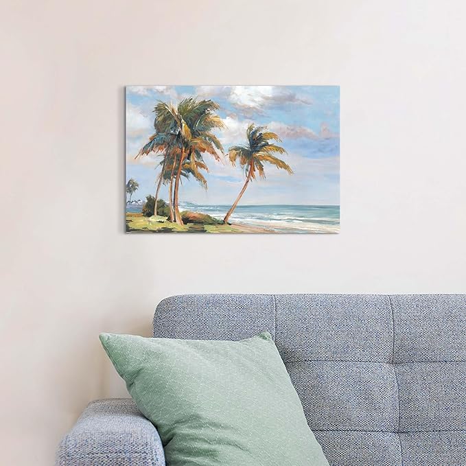 cozy country Palm Tree Wall Art 16"x11" - Coastal Pictures Beach Canvas Ocean Decor - Nautical Artwork Seascape Painting for Bathroom, Bedroom, Sea House