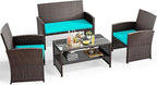 YITAHOME Patio Furniture Wicker Outdoor Bistro Set, 4-Piece All Weather Rattan Conversation Loveseat for Backyard, Balcony and Deck w/Soft Cushions and Metal Coffee Table (Brown+Blue)