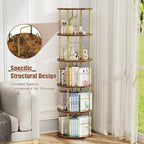 5 Tier Rotating Bookshelf, 360 ° Display Stackable Spinning Bookshelf Tower, Narrow Space Saving Tall Floor Standing Swivel Bookcase Corner Storage Organizer for Bedroom, Living Room, Gold
