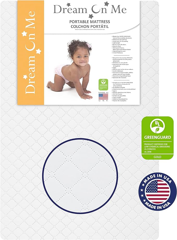 Lucas Mini Modern Crib with Rounded Spindles & Sunset 3” Extra Firm Fiber Crib Mattress, Greenguard Gold Certified, Waterproof Vinyl Cover, Baby Mattresses for Cribs
