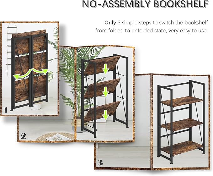 4NM No-Assembly Folding Bookshelf Storage Shelves 3 Tiers Vintage Bookcase Standing Racks Study Organizer Home Office (Rustic Brown and Black)