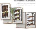4NM No-Assembly Folding Bookshelf Storage Shelves 3 Tiers Vintage Bookcase Standing Racks Study Organizer Home Office (Rustic Brown and Black)
