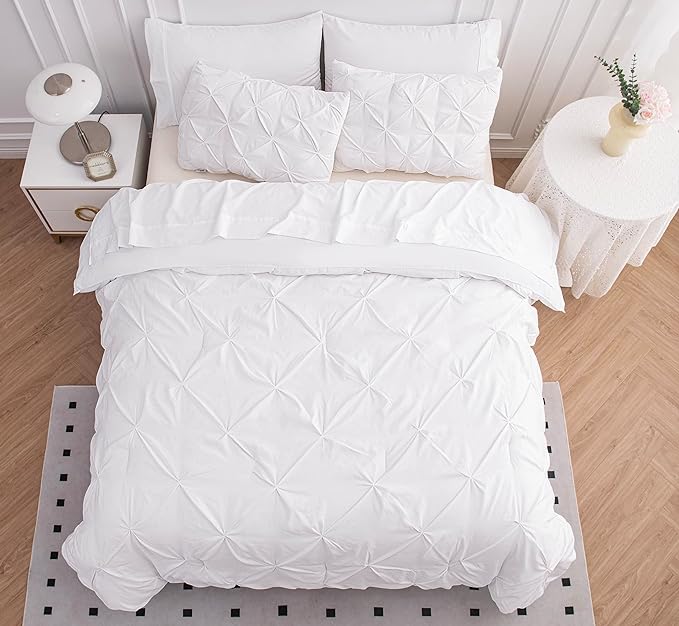 LANE LINEN Twin XL Comforter Set, 5 Piece Twin XL Bedding Set, Pintuck Twin XL Bed in a Bag, Twin XL Bed Set, Twin XL Bed Comforter Set with Sheets, Pillowcase & Sham, Bedding Comforter Sets - White