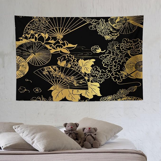 HZOHNAGO Japanese Tapestry Gold Flowers Umbrella Fan Pattern Printed Wall Tapestry Painting Wall Hanging for Bedroom Living Room Dorm 60" W x 40" H