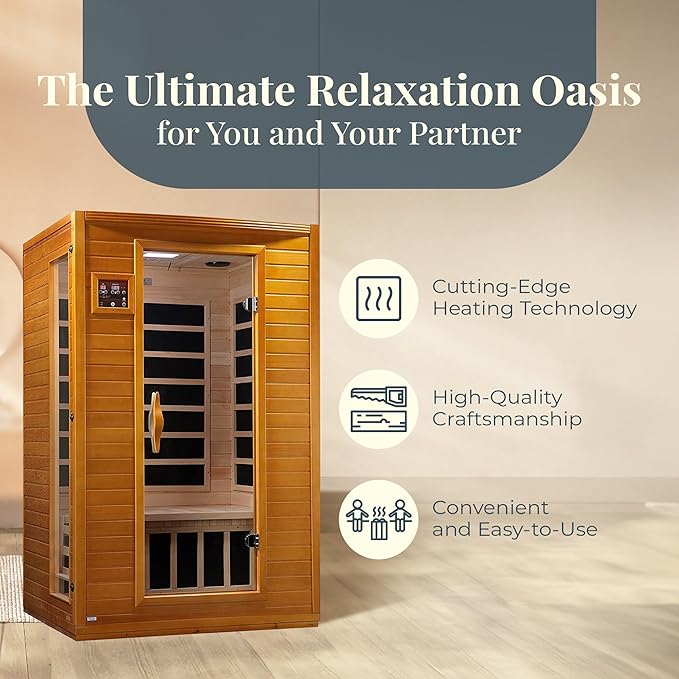 Dynamic Saunas Andora 2-Person Low EMF FAR Infrared Sauna with Red Light Therapy & Bluetooth Speakers | Personal Indoor Dry Heat Sauna for Home & Gym – Made from Canadian Hemlock