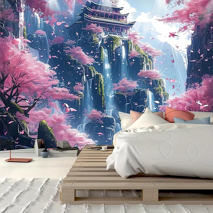 FENDROM Japanese Aesthetic Pink Cherry Blossom Tree Tapestry Building On Mountains Waterfall River Fairytale World Asian Art Tapestry for Bedroom Living Room