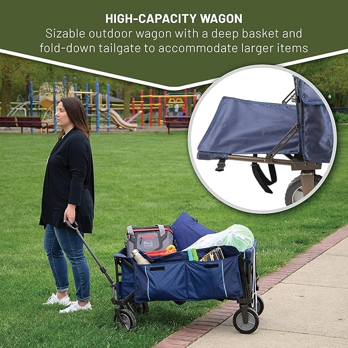 TIMBER RIDGE Tailgate Collapsible Folding Wagon Cart, Heavy Duty Utility Push Pull Beach Wagon Foldable, Outdoor Grocery Cart with Side Pockets for Camping, Garden, Shopping, Holds 225 lbs, Blue