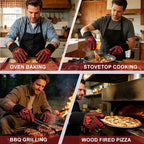 BBQ Gloves Heat Resistant 1472°F, Long Cuff Aramid Fiber Oven Mitts with Non-Slip Silicone, Grilling Gifts for Men, Dad, Husband, Smoker and Kitchen Cooking, Black/Red