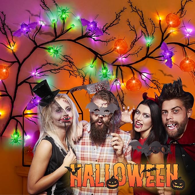 [8 Modes & Timer] 6 Ft Halloween Willow Vine Twig Decor Garland with Bats Pumpkins Spiders Lights, 54 LED Battery Operated Halloween Lights for Indoor Home Mantle Fireplace Decor