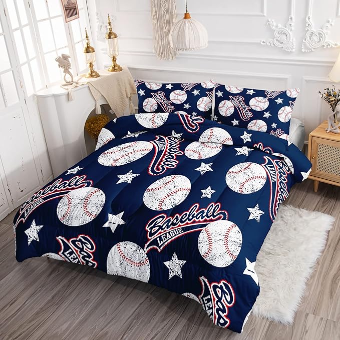 3D Baseballs Comforter Queen Size,Blue Baseball Kids Comforter Set,3Pcs Bedding Set Printed Comforter with 2 Pillowcases,Down Alternative,Soft and Lightweight,for All Seasons