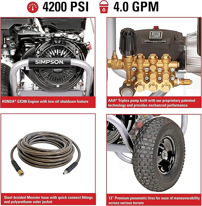 Simpson PS4240 PowerShot Gas Pressure Washer Powered by Honda GX390, 4200 PSI at 4.0 GPM, (49 State) 60456