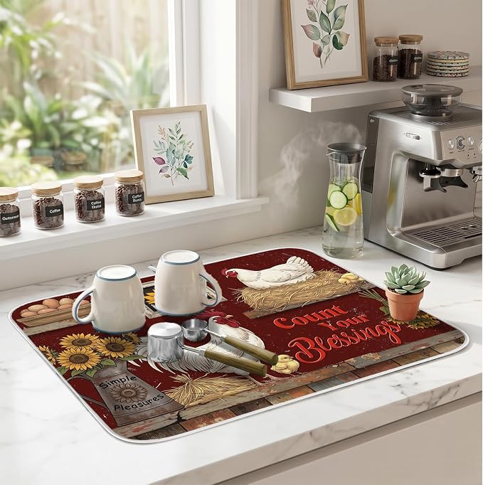 Rustic Hens Dish Drying Mat for Kitchen Counter Coffee Bar 18x24 in | Farmhouse Themed Non Slip Absorbent Kitchen Dishes Drainer Mat, with Anti-slip Rubber Backing & Hanging Loop, for Sink