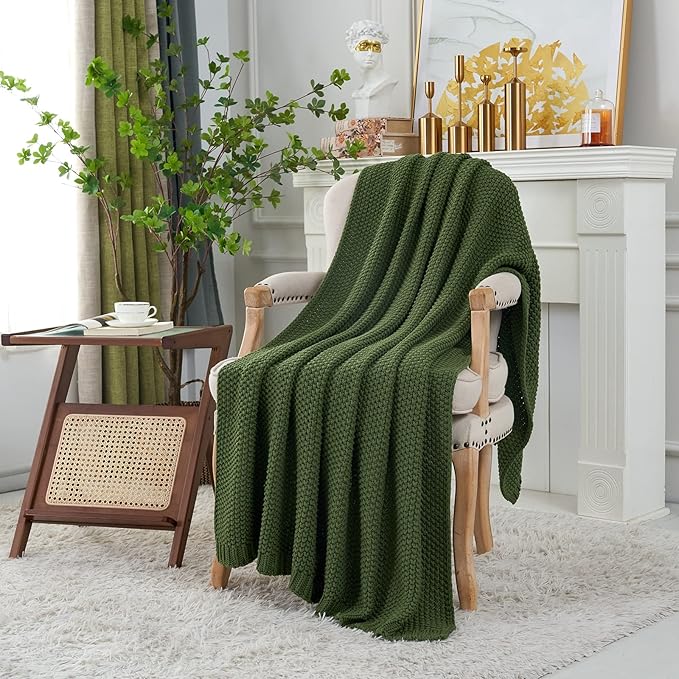 Longhui bedding Chunky Cable Knit Throw Blanket Lightweight Olive Green 100% Organic Cotton Blanket for Sofa Couch Bed Baby Nursery, Rustic Shabby Chic Modern Farmhouse, 60” x 80” Give Laundering Bag