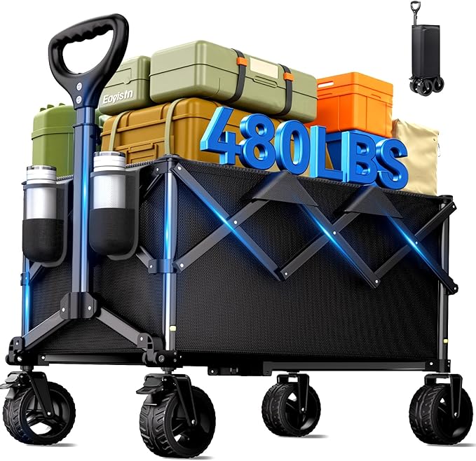 Collapsible Wagon Cart with Universal Wheels, 480LBS Wagons Carts Heavy Duty Collapsible Wagon with Cup Holders, Utility Beach Carts for Camping, Garden, Shopping, Fishing, Sports