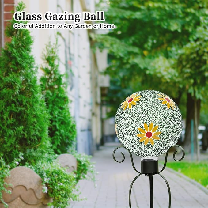 VCUTEKA Gazing Ball, 8" Glass Gazing Balls Sphere for Garden Lawn Outdoor Ornament Yard Decorative, Daisy