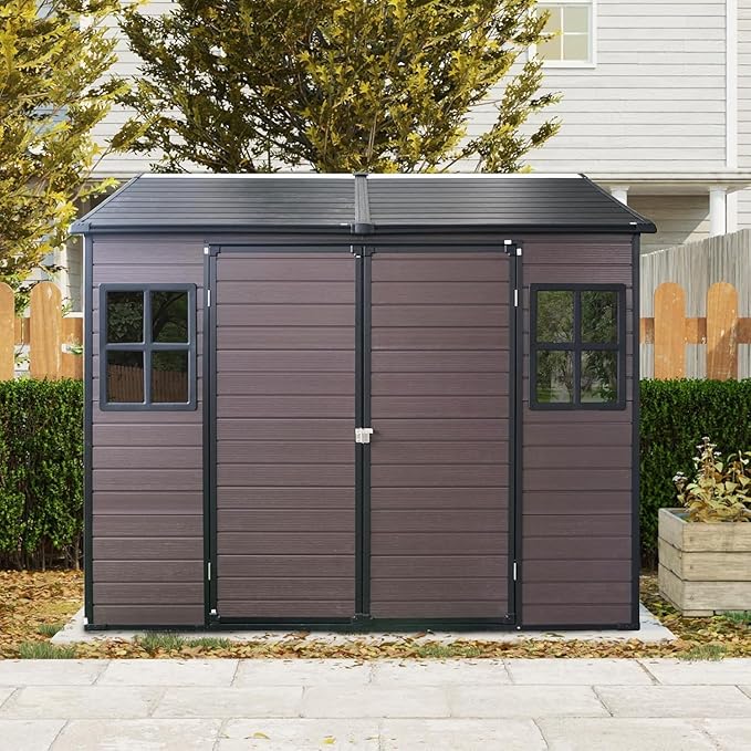 8x6 FT Outdoor Storage Shed, Resin Garden Shed with Thick Floor, Plastic Storage Shed with 2 Windows, Waterproof Outside Tool Shed with Lockable Hinged Doors for Backyard, Patio, Lawn, Brown